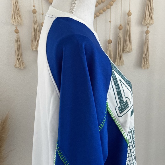 pieced sweatshirt top trendy mixed media long sleeve embroidered blue white M - Picture 8 of 16